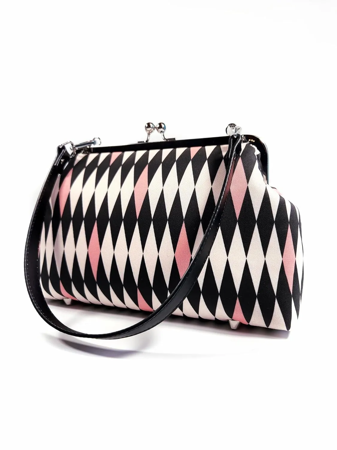 Midcentury Purse, Pink Harlequin Shoulder Bag, Large Kisslock Purse, Vintage Style Crossbody Bag, Novelty Purse, Gift for Her (Adjustable Crossbody)