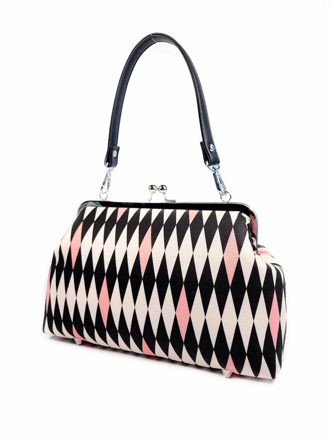 Midcentury Purse, Pink Harlequin Shoulder Bag, Large Kisslock Purse, Vintage Style Crossbody Bag, Novelty Purse, Gift for Her (Adjustable Crossbody)