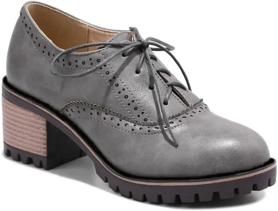 MIOKE Women's Block Mid Heel Oxford Pumps Wingtip Perforated Lace Up Patent Leather Vintage Dress Shoes