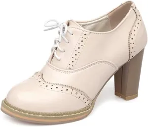 MIOKE Women's Chunky High Heel Pump Oxford Brogues Buckle Wingtip Perforated Platform Vintage Dress Shoes