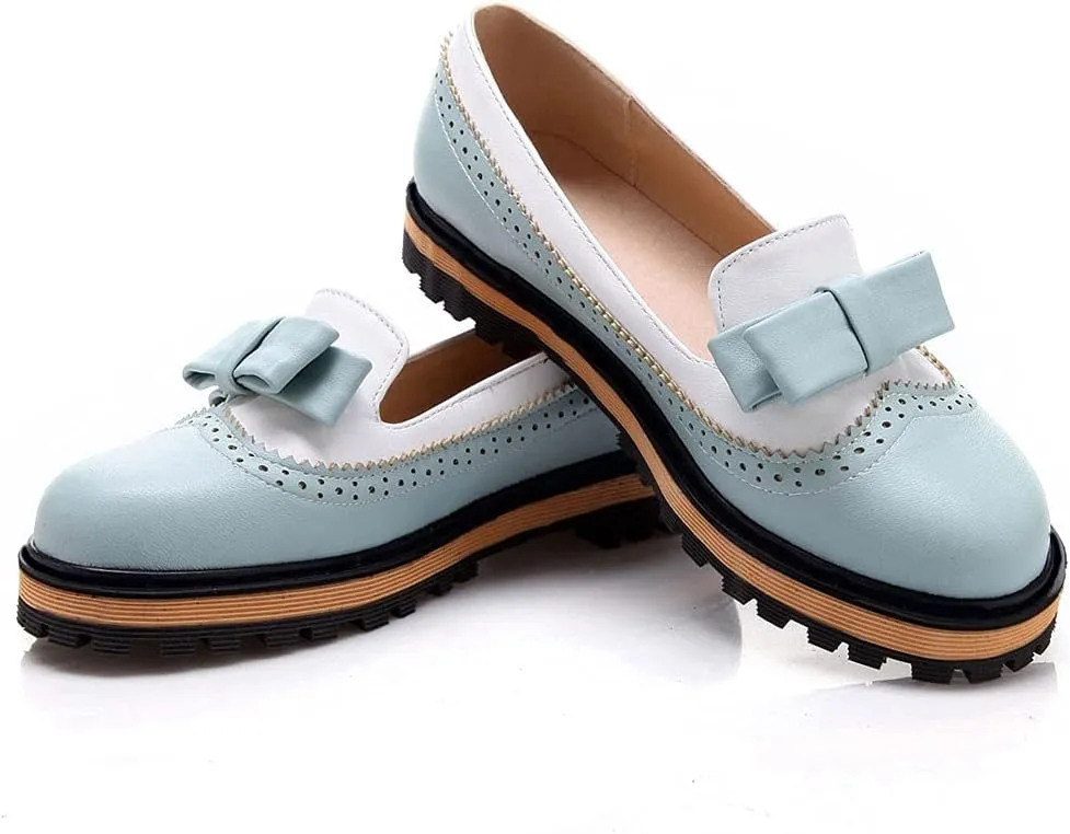MIOKE Women's Flat Bow Slip On Oxford Shoes Two Tone Wingtip Perforated Low Heels School Oxfords Brogues