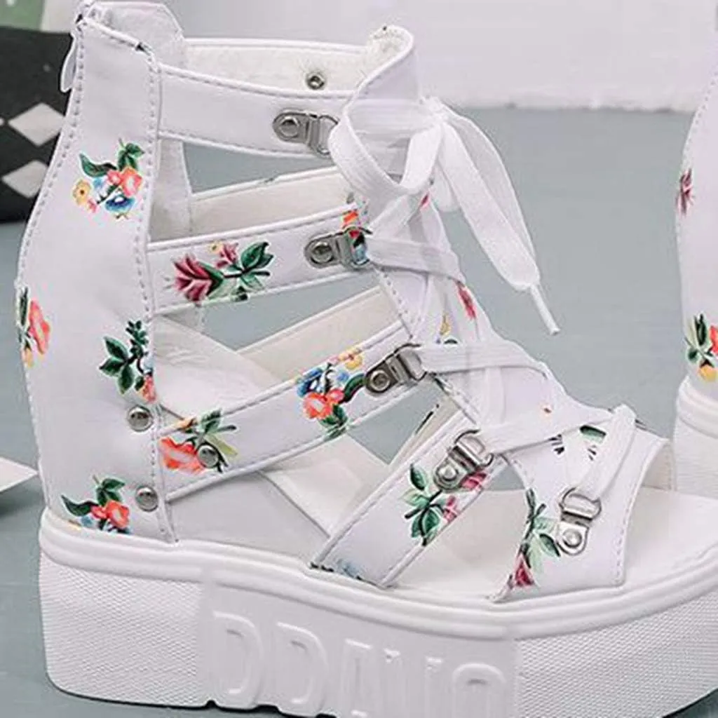 MIOKE Womens Floral Wedge Platform Sandals Gladiator Peep Toe Chunky High Hidden Heel Zipper Caged Bootie