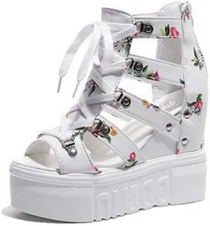 MIOKE Womens Floral Wedge Platform Sandals Gladiator Peep Toe Chunky High Hidden Heel Zipper Caged Bootie