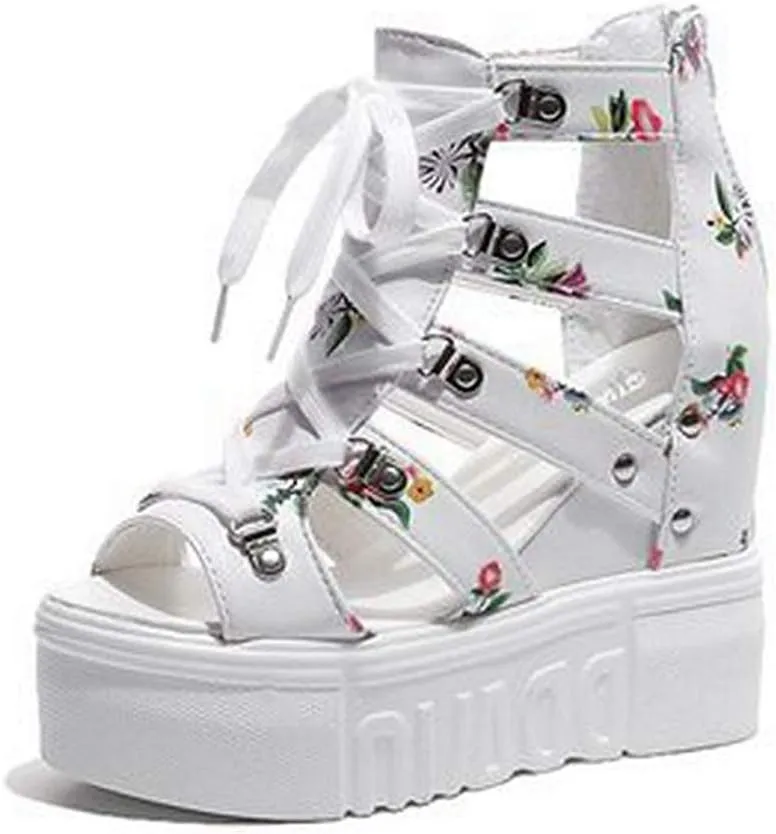 MIOKE Womens Floral Wedge Platform Sandals Gladiator Peep Toe Chunky High Hidden Heel Zipper Caged Bootie