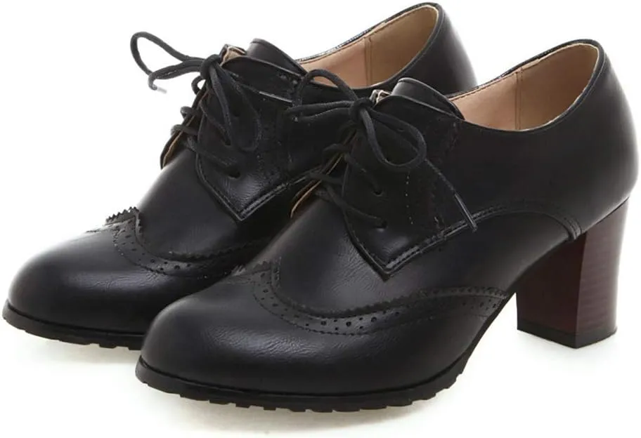 MIOKE Women's Lace Up Wingtip Pump Oxfords Brogues Perforated Chunky Block High Heel Vintage Dress Shoes