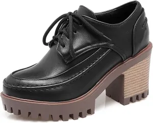 MIOKE Women's Round Toe Platform Oxford Pumps Lace Up Vintage Brogues Comfort Chunky High Heel Dress Shoes