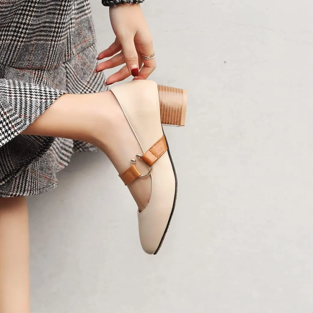 MIOKE Women's Square Toe Chunky Mid Block Heel Pumps Buckle Strap Comfort Mary Jane Office Dress Shoes