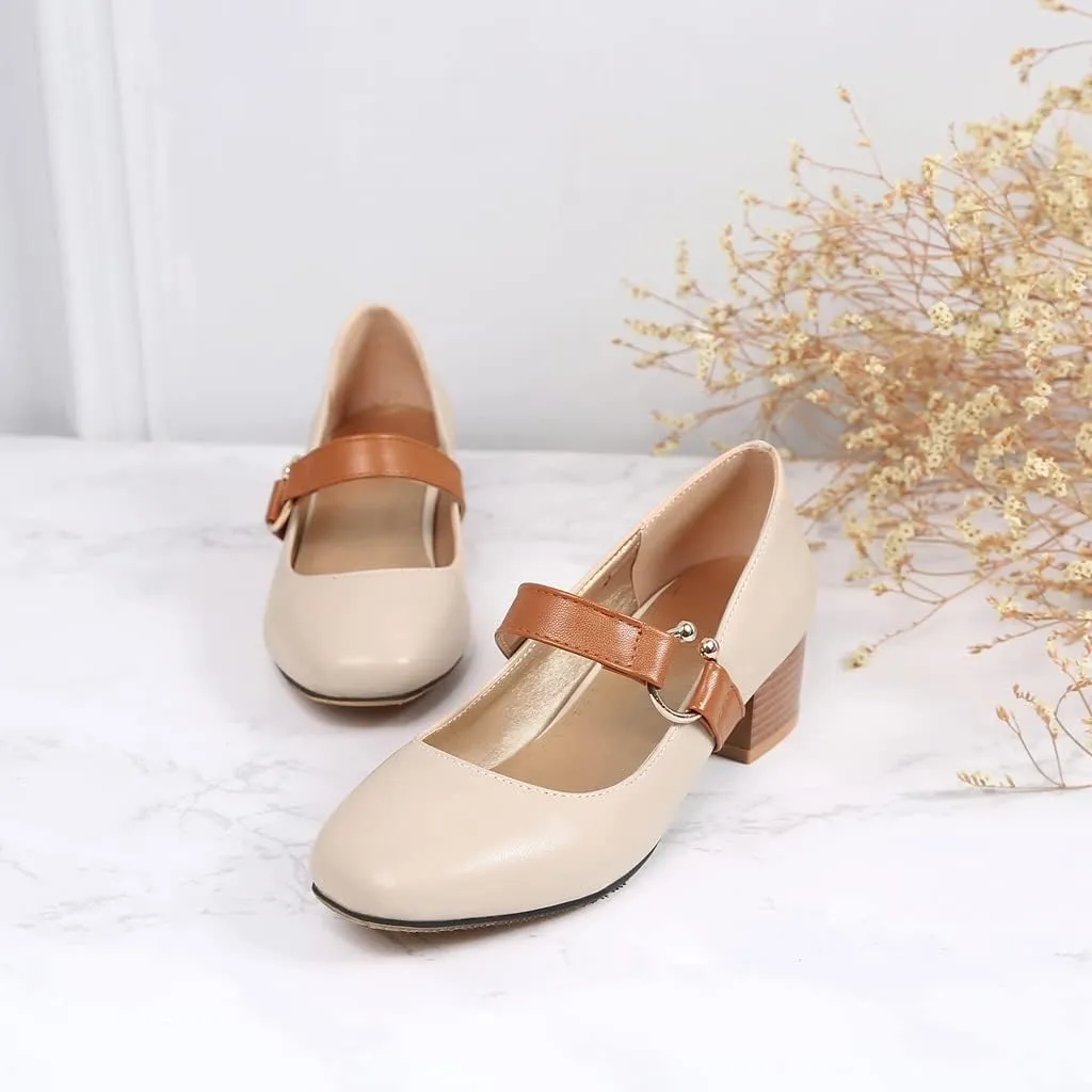MIOKE Women's Square Toe Chunky Mid Block Heel Pumps Buckle Strap Comfort Mary Jane Office Dress Shoes