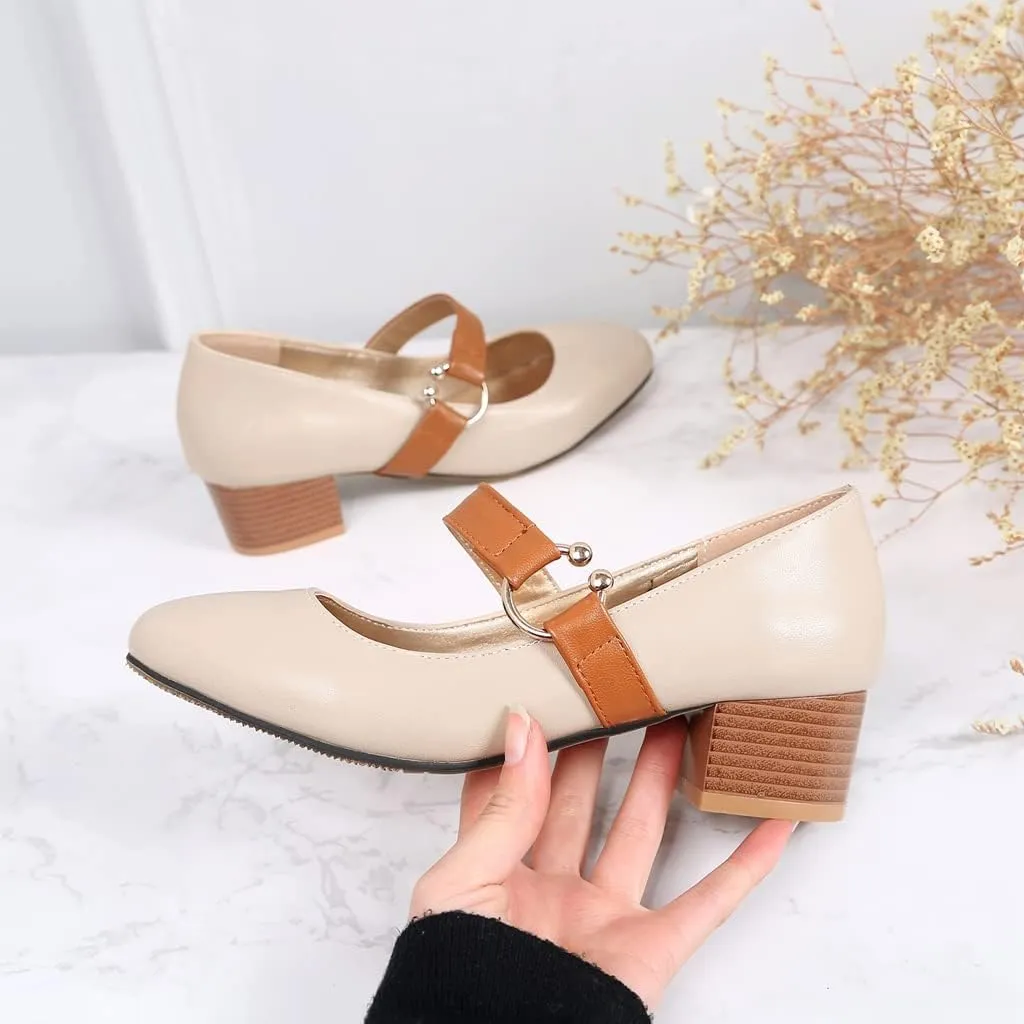MIOKE Women's Square Toe Chunky Mid Block Heel Pumps Buckle Strap Comfort Mary Jane Office Dress Shoes