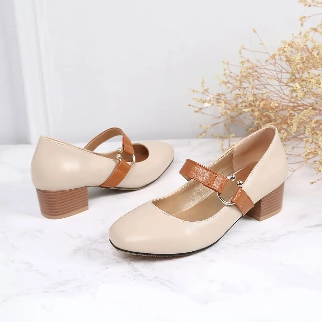 MIOKE Women's Square Toe Chunky Mid Block Heel Pumps Buckle Strap Comfort Mary Jane Office Dress Shoes