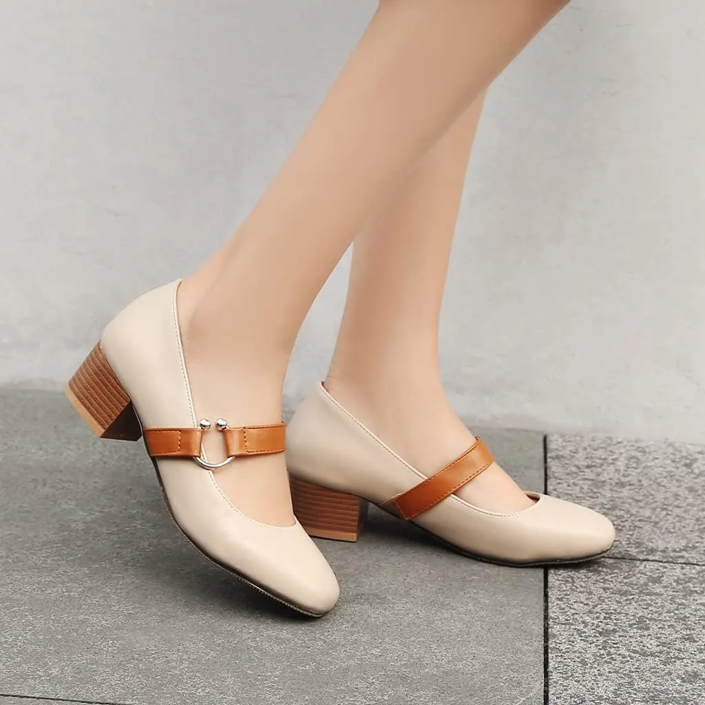 MIOKE Women's Square Toe Chunky Mid Block Heel Pumps Buckle Strap Comfort Mary Jane Office Dress Shoes