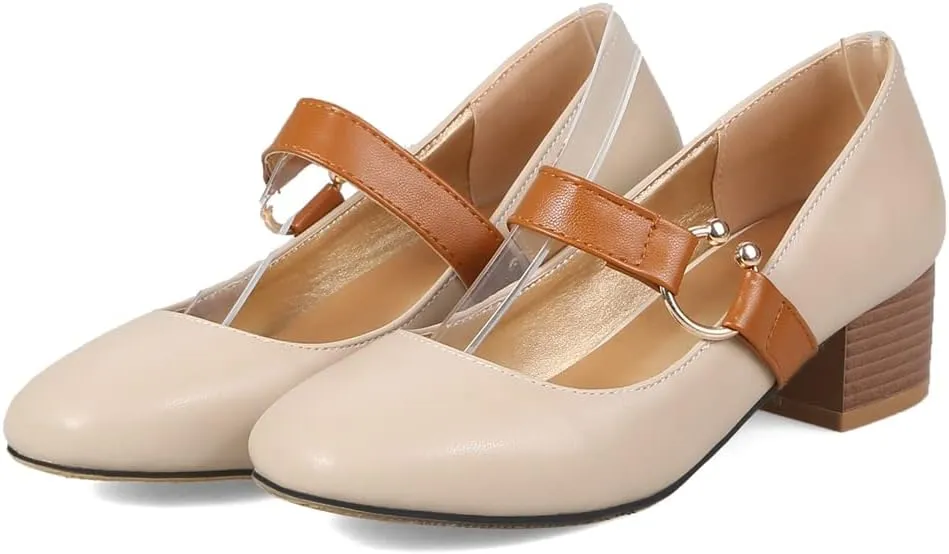 MIOKE Women's Square Toe Chunky Mid Block Heel Pumps Buckle Strap Comfort Mary Jane Office Dress Shoes