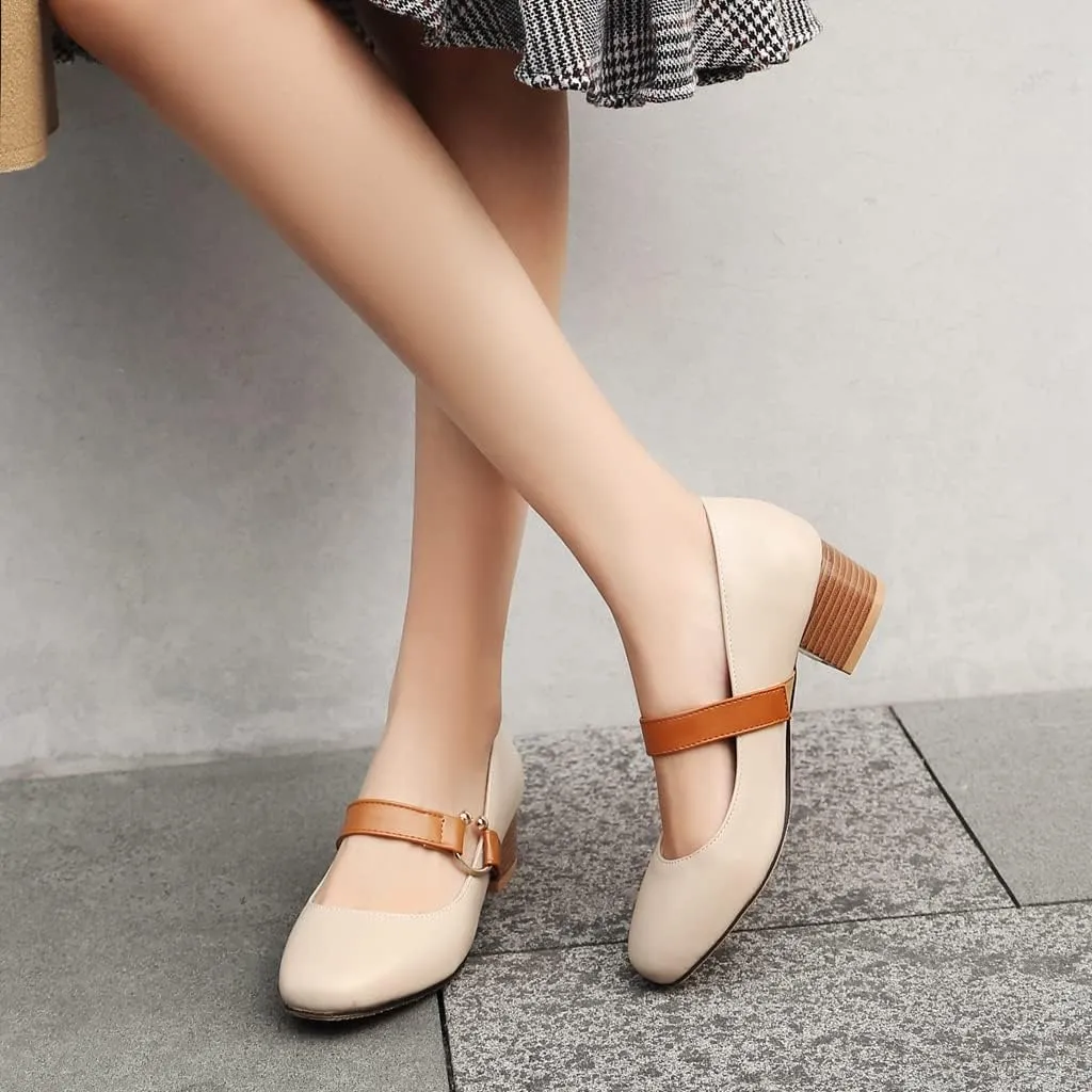 MIOKE Women's Square Toe Chunky Mid Block Heel Pumps Buckle Strap Comfort Mary Jane Office Dress Shoes