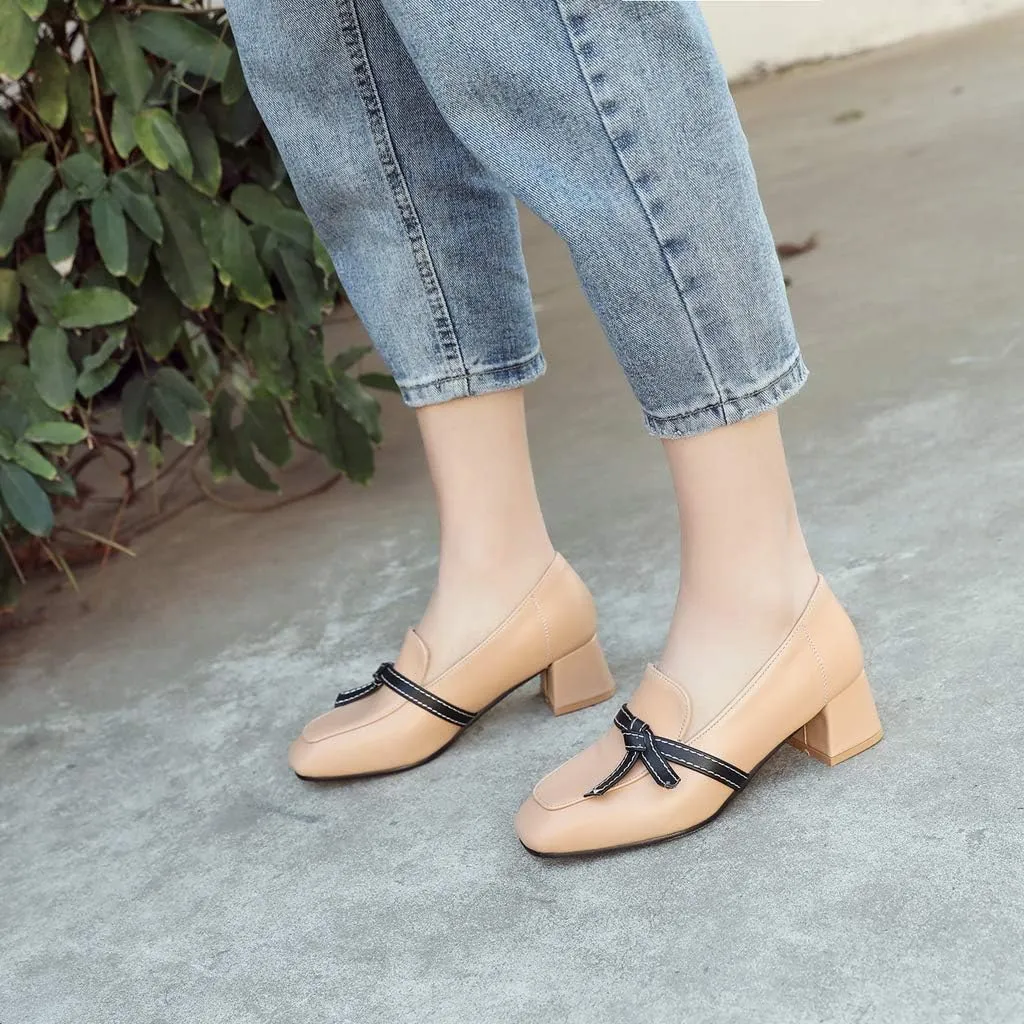MIOKE Women's Square Toe Pump Loafers Slip-On Chunky Mid Block Heel Classic Western Work Office Dress Shoes