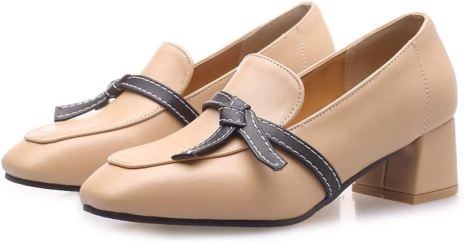 MIOKE Women's Square Toe Pump Loafers Slip-On Chunky Mid Block Heel Classic Western Work Office Dress Shoes