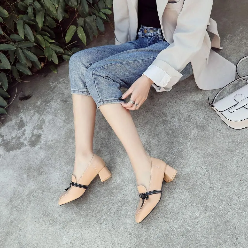 MIOKE Women's Square Toe Pump Loafers Slip-On Chunky Mid Block Heel Classic Western Work Office Dress Shoes