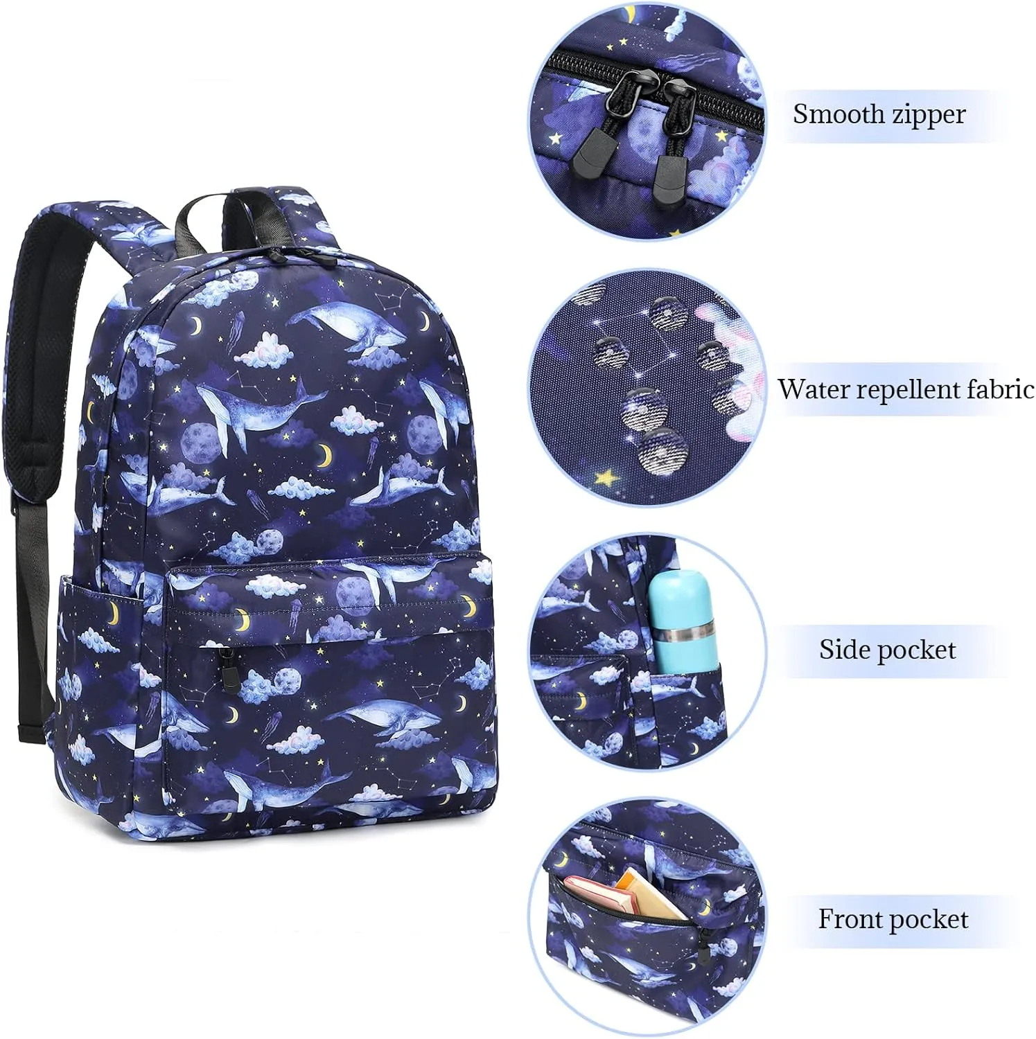 MIRLEWAIY Water-resistent Kids School Backpack Elementary BookBag for Teen Girls Primary, Whales in White Sky