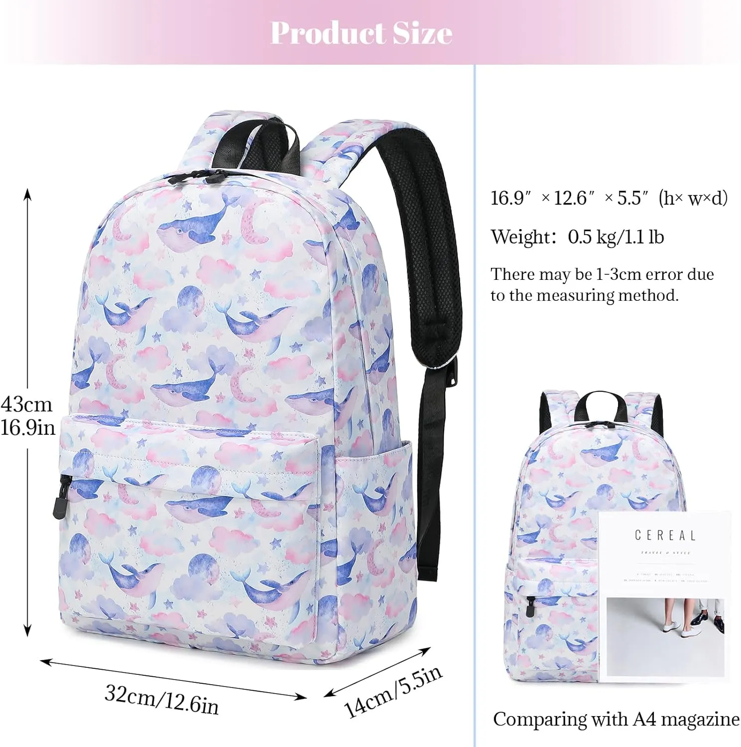 MIRLEWAIY Water-resistent Kids School Backpack Elementary BookBag for Teen Girls Primary, Whales in White Sky