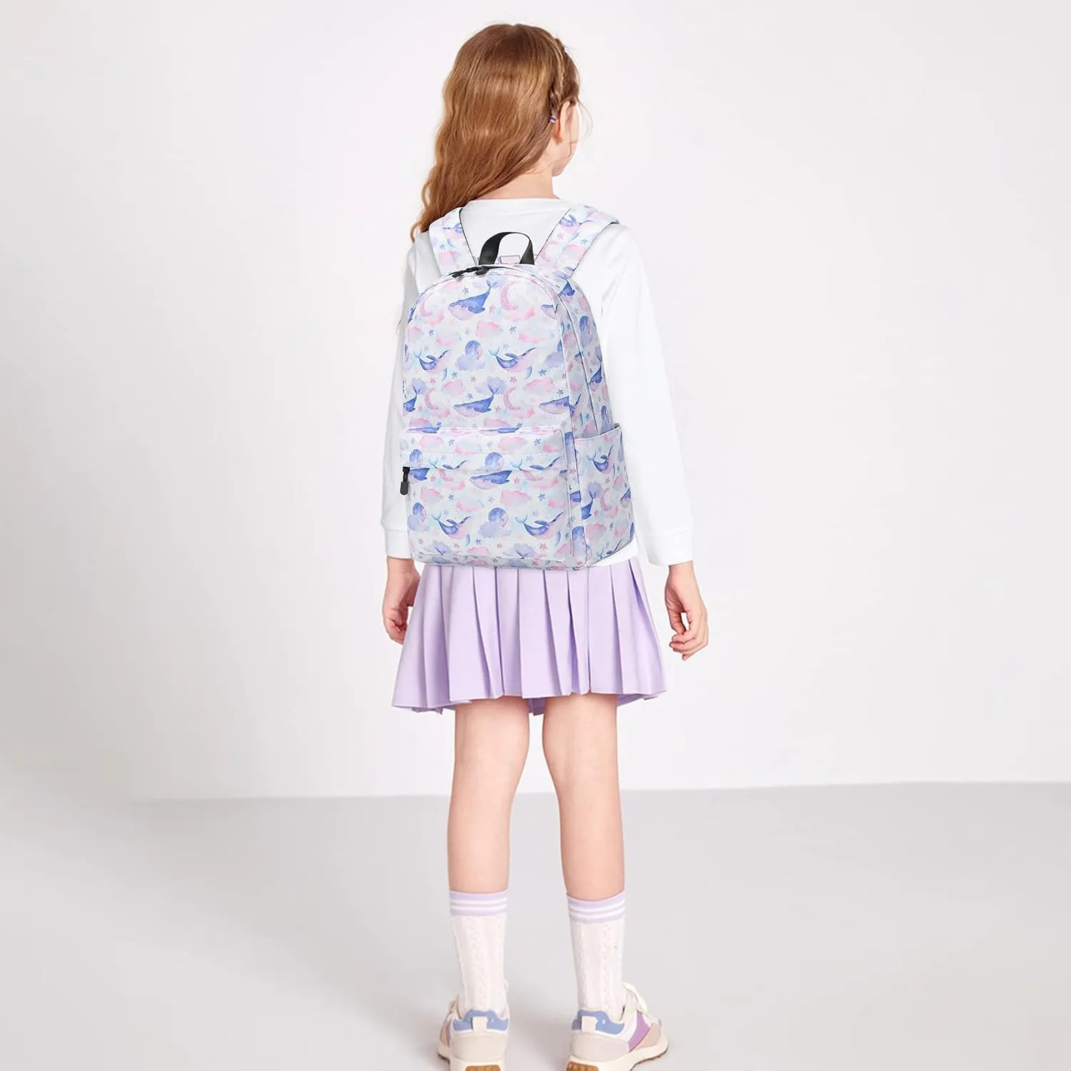 MIRLEWAIY Water-resistent Kids School Backpack Elementary BookBag for Teen Girls Primary, Whales in White Sky