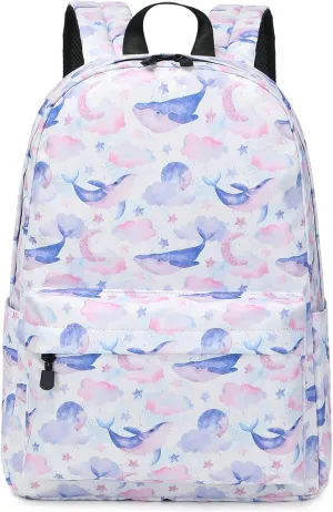 MIRLEWAIY Water-resistent Kids School Backpack Elementary BookBag for Teen Girls Primary, Whales in White Sky
