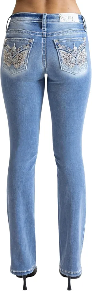 Miss Me Women's Fern Wings Faux Flap Pockets Mid-Rise Bootcut Jeans