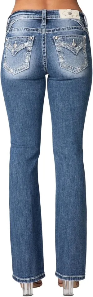 Miss Me Women's Metallic Border Faux Flap Pocket Mid-Rise Bootcut Jeans