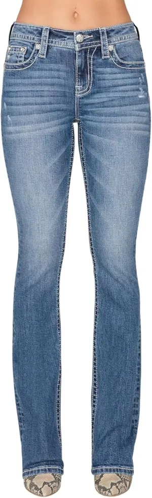 Miss Me Women's Mid-Rise Bootcut Jeans, Silver and Turquoise Cross, Stretch Denim