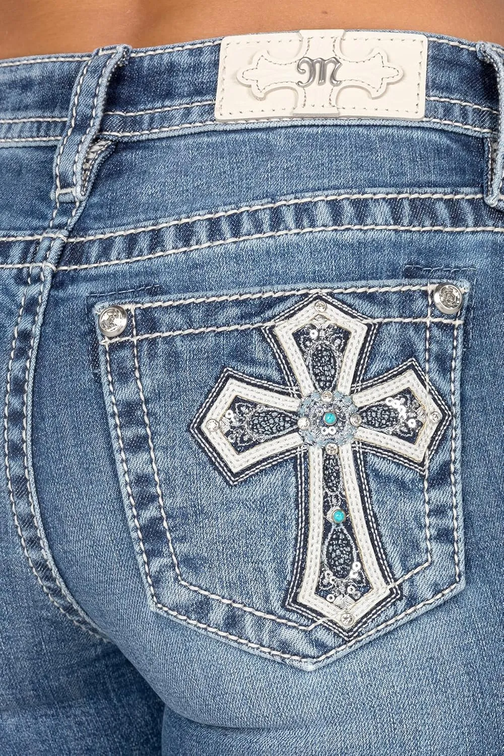 Miss Me Women's Mid-Rise Bootcut Jeans, Silver and Turquoise Cross, Stretch Denim