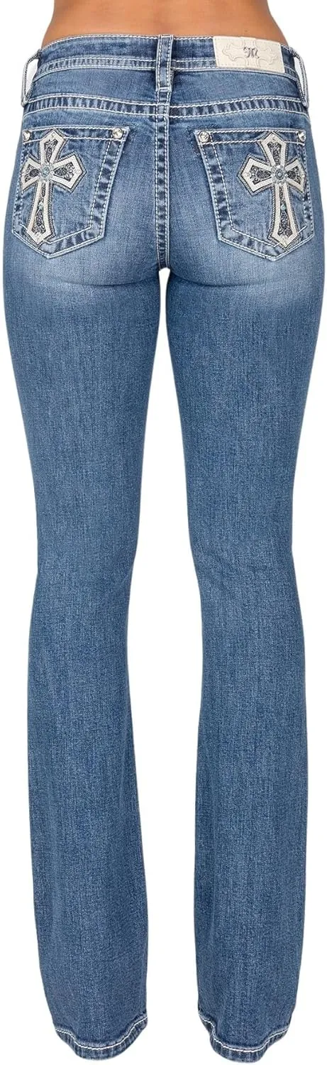 Miss Me Women's Mid-Rise Bootcut Jeans, Silver and Turquoise Cross, Stretch Denim
