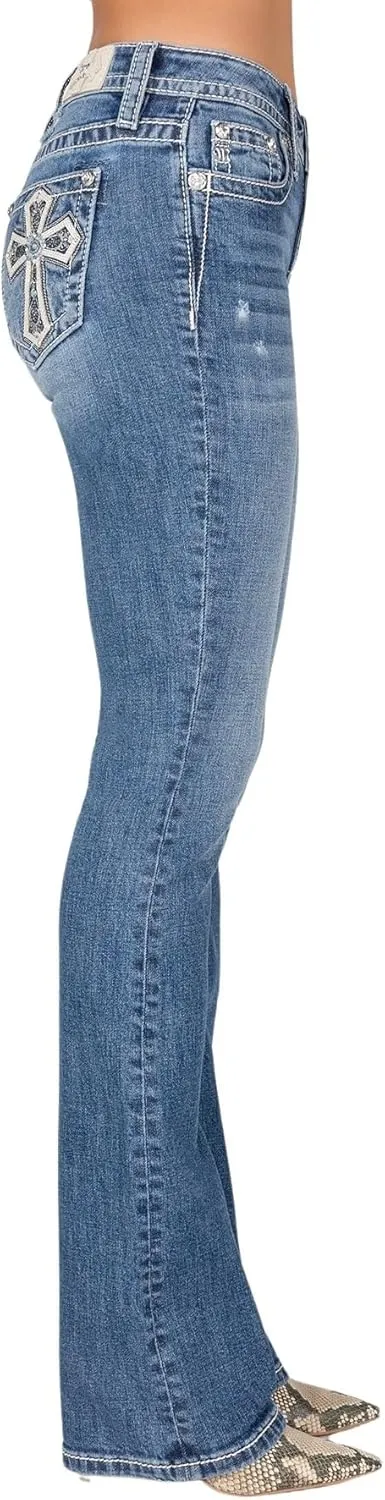 Miss Me Women's Mid-Rise Bootcut Jeans, Silver and Turquoise Cross, Stretch Denim