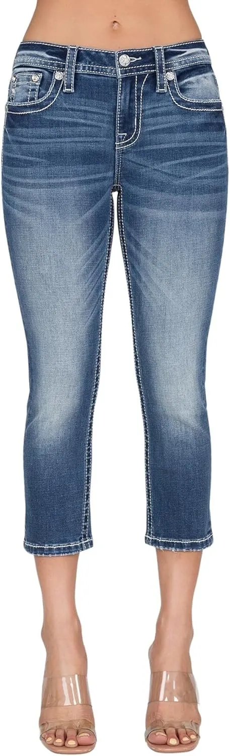 Miss Me Women's Paisley Peekaboo Faux Top Pockets Mid-Rise Capri Jeans