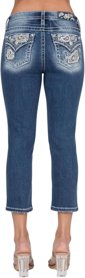 Miss Me Women's Paisley Peekaboo Faux Top Pockets Mid-Rise Capri Jeans