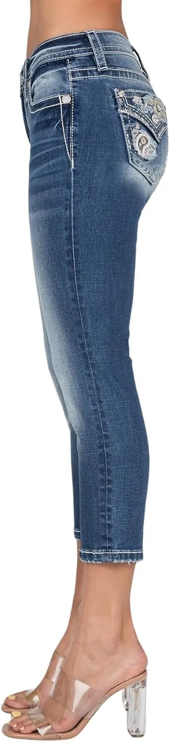 Miss Me Women's Paisley Peekaboo Faux Top Pockets Mid-Rise Capri Jeans