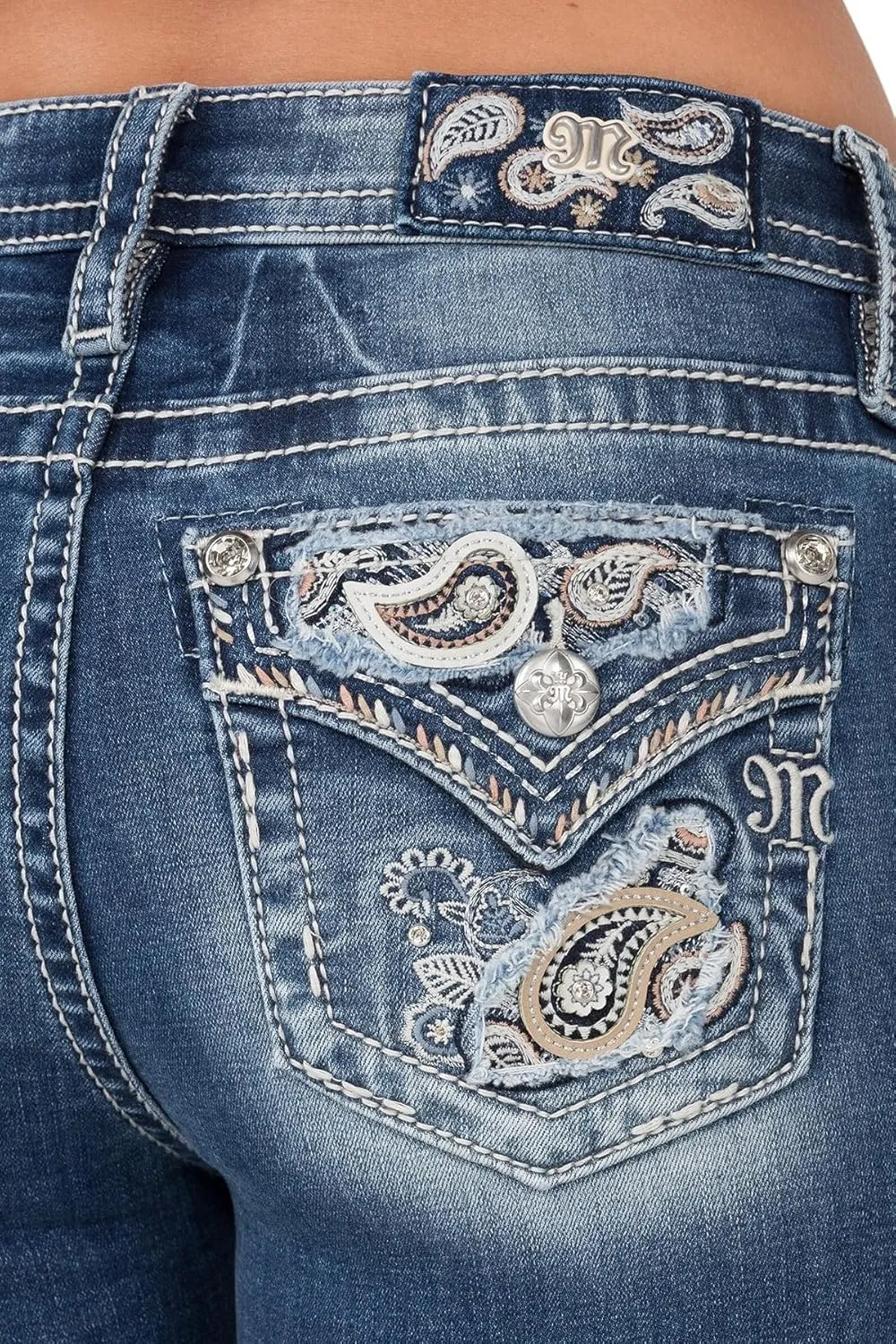Miss Me Women's Paisley Peekaboo Faux Top Pockets Mid-Rise Capri Jeans