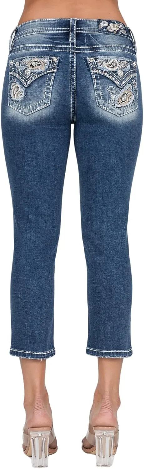 Miss Me Women's Paisley Peekaboo Faux Top Pockets Mid-Rise Capri Jeans