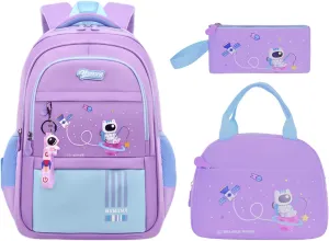 MITOWERMI 3pcs Girls Backpack with Lunch Box School Bags for Girls Lightweight Astronaut Kids Backpack Bookbags Sets for Elementary School Students, Purple