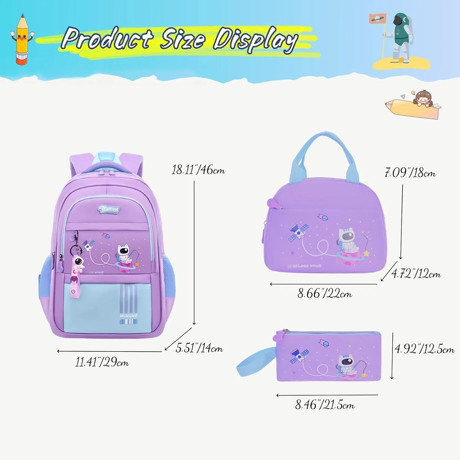 MITOWERMI 3pcs Girls Backpack with Lunch Box School Bags for Girls Lightweight Astronaut Kids Backpack Bookbags Sets for Elementary School Students, Purple