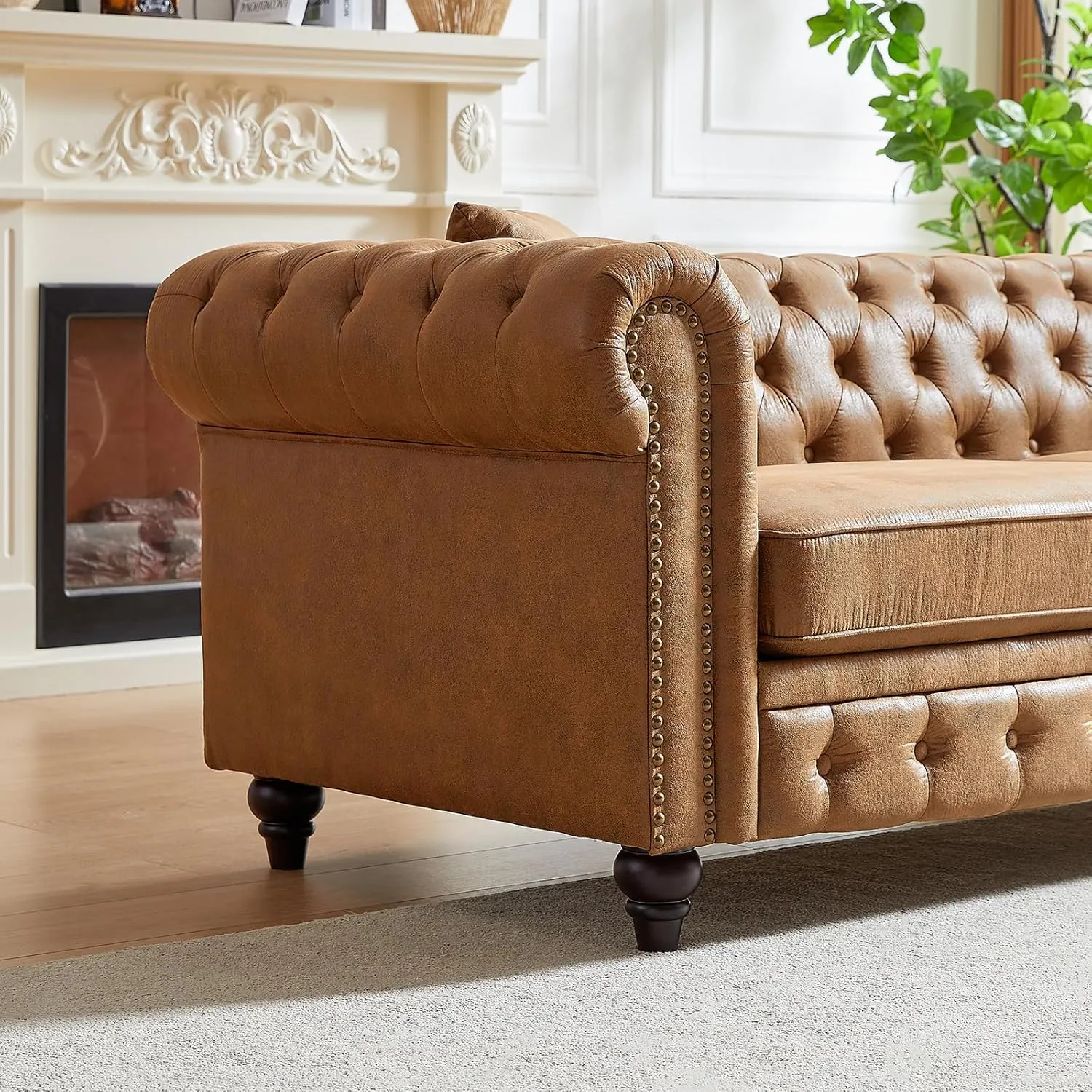 Modern Chesterfield Sofa Couch, 63.5-inch Faux Leather Loveseat Sofa with Rolled Armrests and Tufted Button for Living Room, Office, Brown
