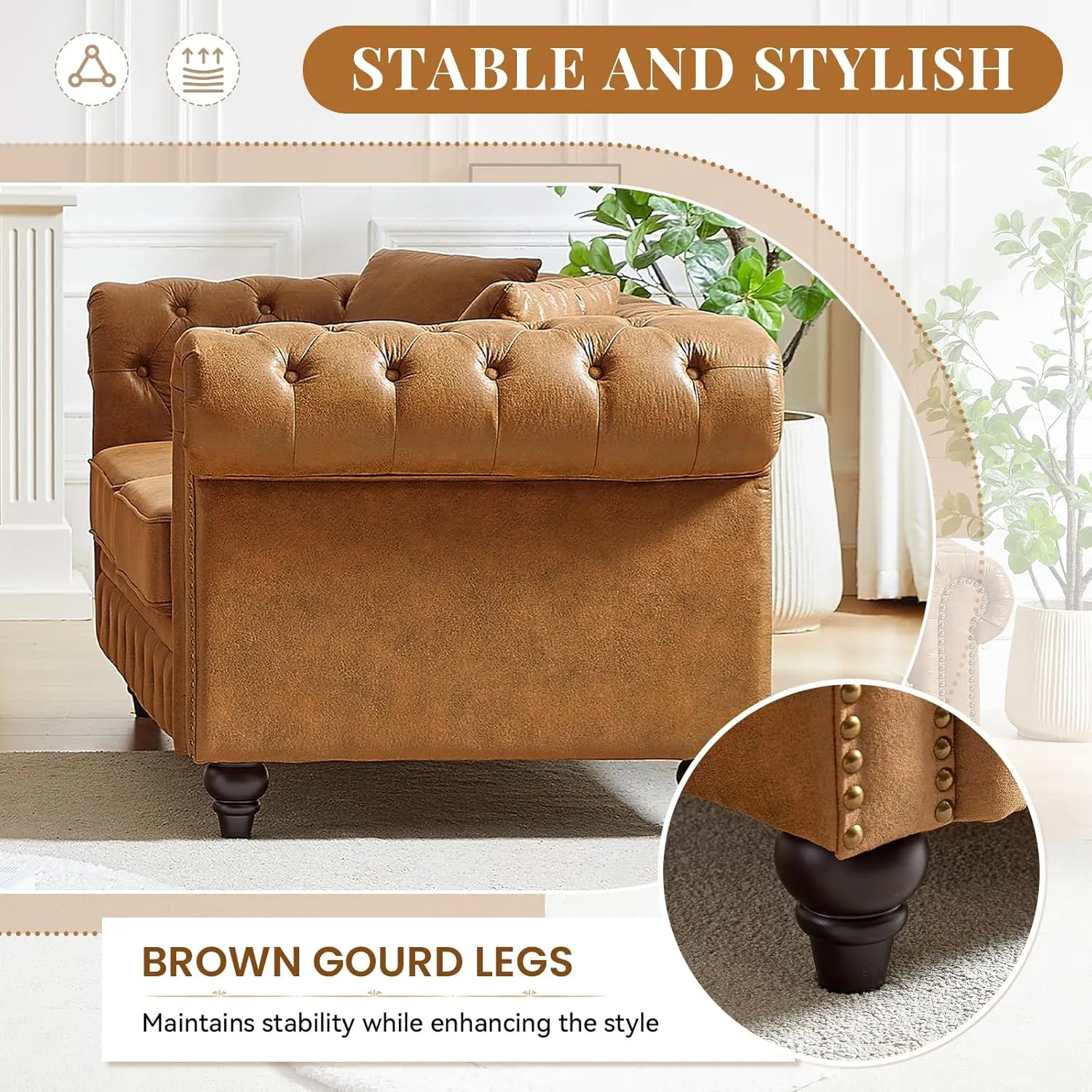 Modern Chesterfield Sofa Couch, 63.5-inch Faux Leather Loveseat Sofa with Rolled Armrests and Tufted Button for Living Room, Office, Brown