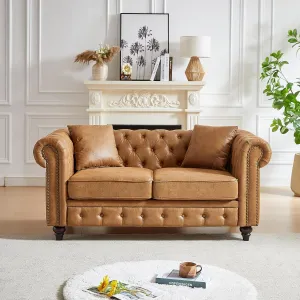 Modern Chesterfield Sofa Couch, 63.5-inch Faux Leather Loveseat Sofa with Rolled Armrests and Tufted Button for Living Room, Office, Brown