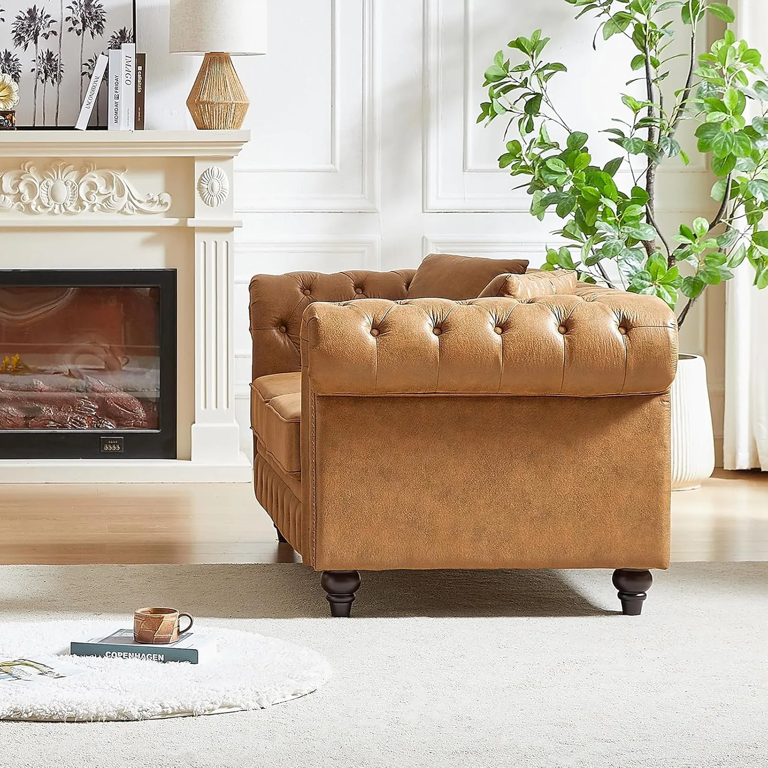 Modern Chesterfield Sofa Couch, 63.5-inch Faux Leather Loveseat Sofa with Rolled Armrests and Tufted Button for Living Room, Office, Brown