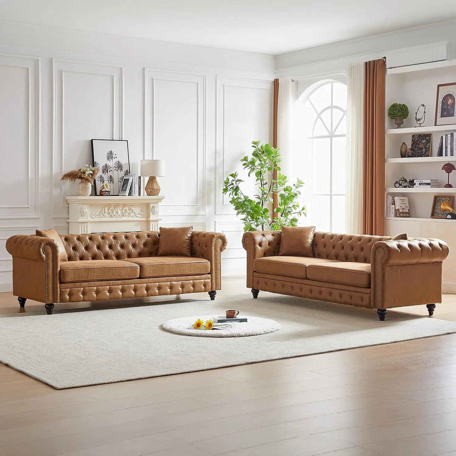 Modern Chesterfield Sofa Couch, 63.5-inch Faux Leather Loveseat Sofa with Rolled Armrests and Tufted Button for Living Room, Office, Brown