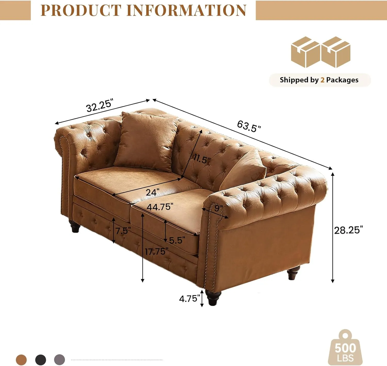 Modern Chesterfield Sofa Couch, 63.5-inch Faux Leather Loveseat Sofa with Rolled Armrests and Tufted Button for Living Room, Office, Brown
