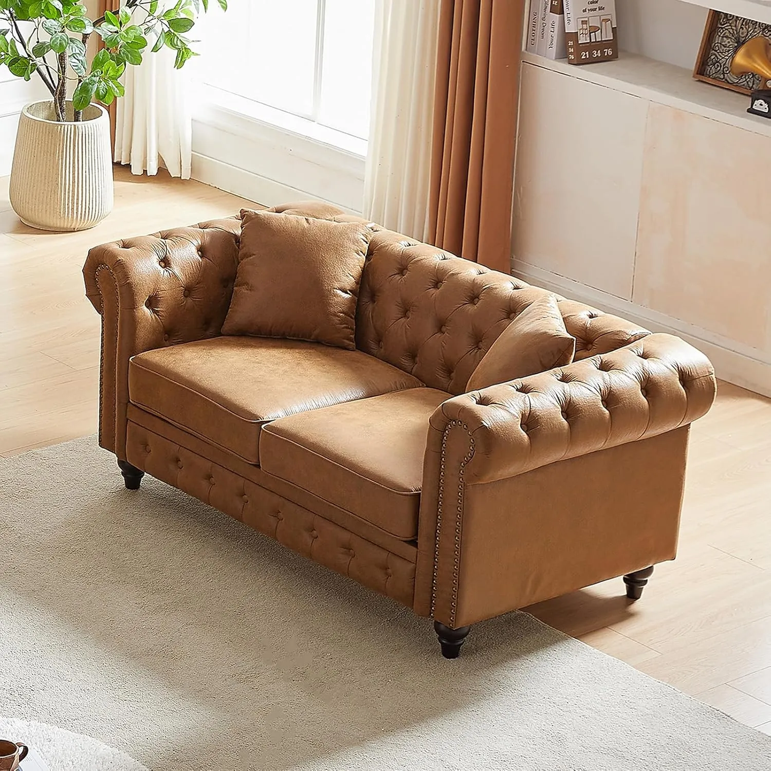 Modern Chesterfield Sofa Couch, 63.5-inch Faux Leather Loveseat Sofa with Rolled Armrests and Tufted Button for Living Room, Office, Brown