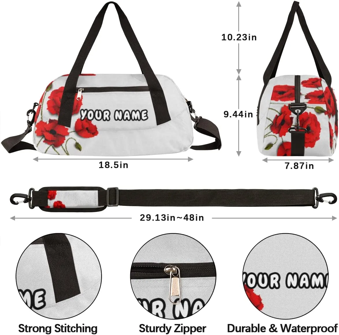 Modern Poppy Flower Personalized Kids Duffel Bag for Girls Boys, Flower Debris Custom Name Dance Bag Overnight Small Duffel Bag Carry On Weekend Sports Travel Bag for School Practice Gymnastics Ballet