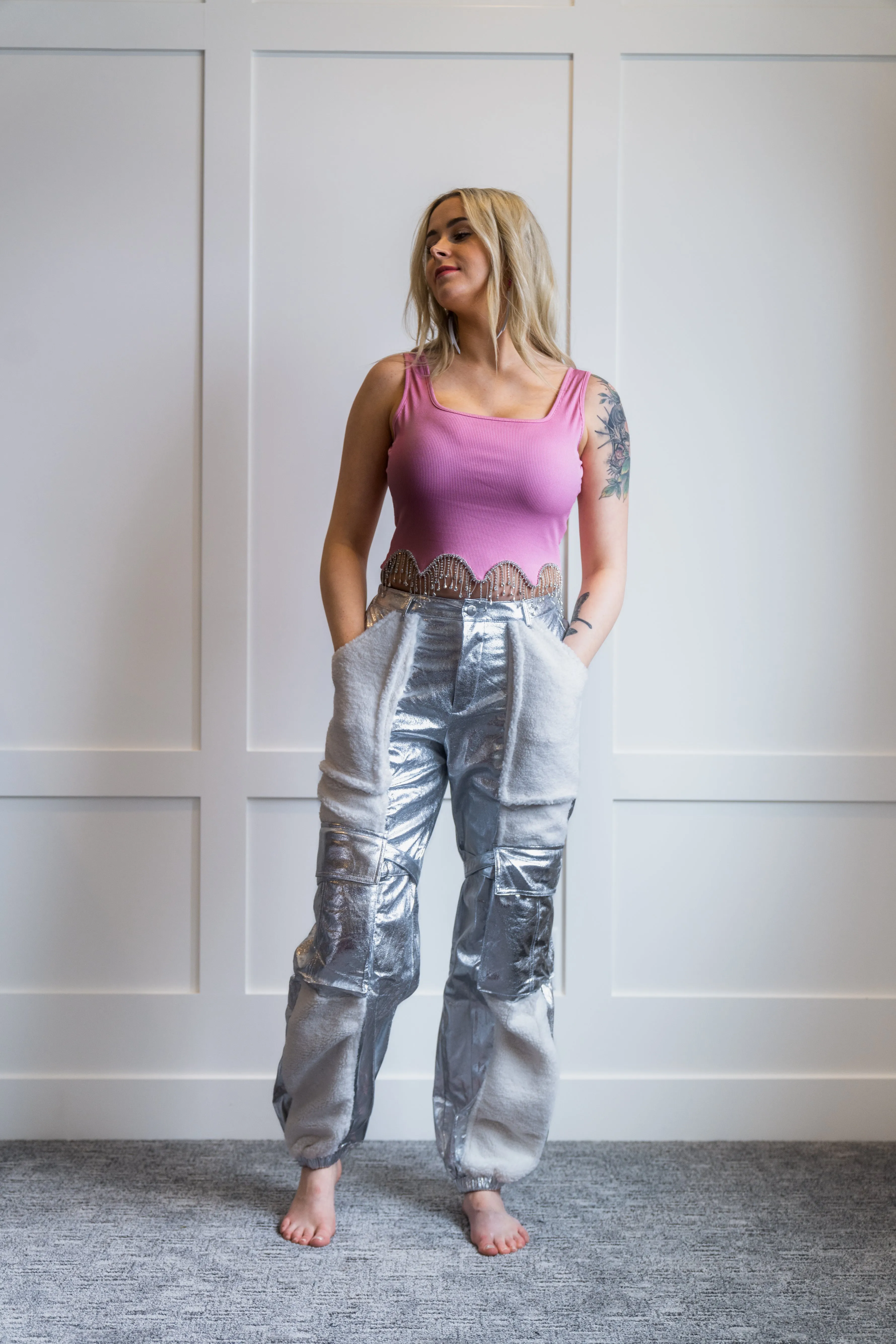 Monica Metallic Faux Leather Sherpa Cargo Pants My Store