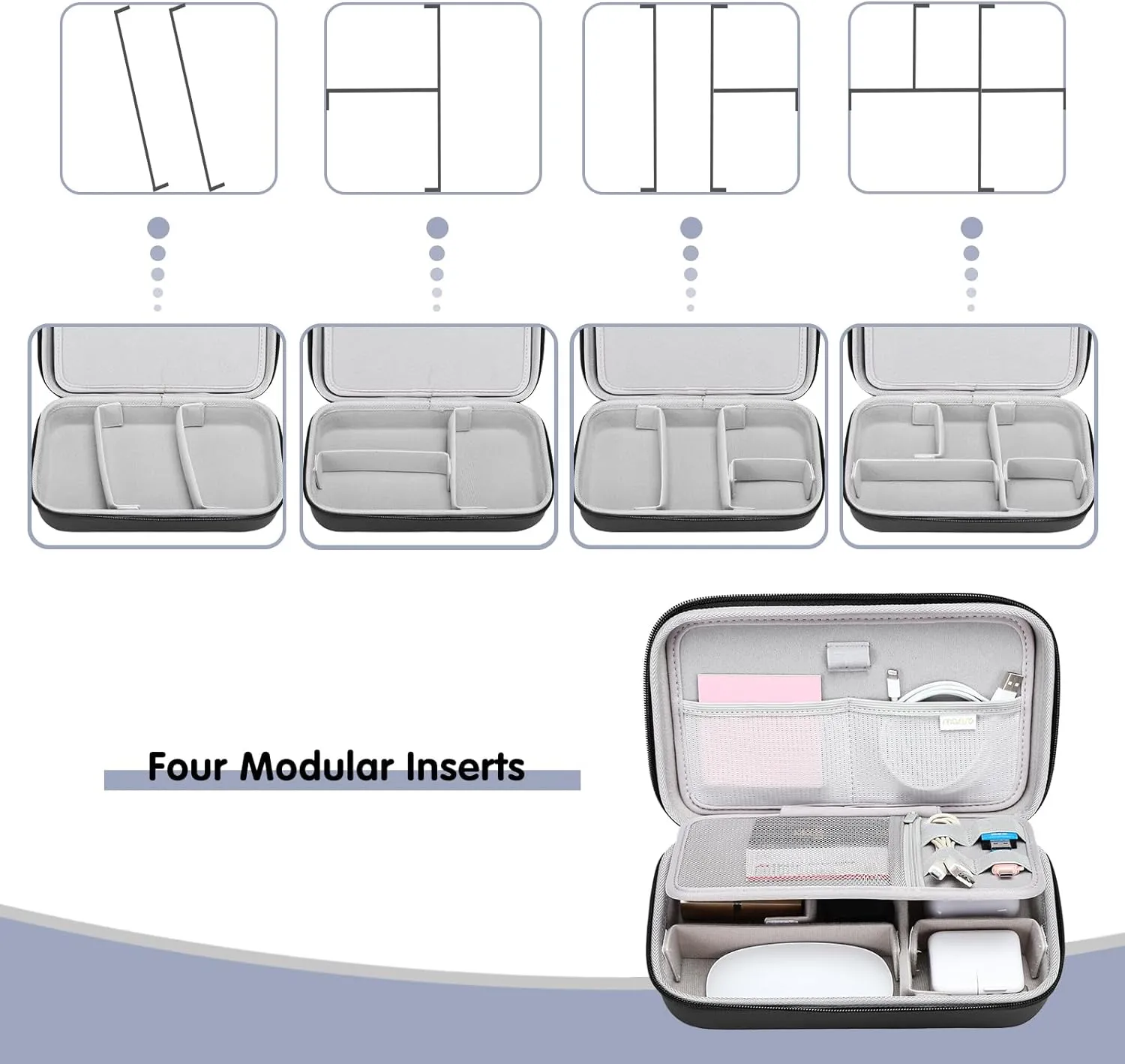 MOSISO Electronic Organizer Travel Case Compatible with MacBook Power Adapter, Compatible with Magic Mouse & Pencil, SD Card, USB Flash Disk with 4 Modular Insert & 2 Cable Tie & Snap Hook, Black