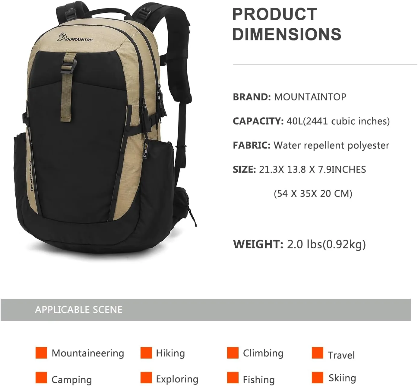 MOUNTAINTOP 40L Hiking Backpack Lightweight Travel Camping Backpack with Waist Strap&YKK Zippers for Men Women