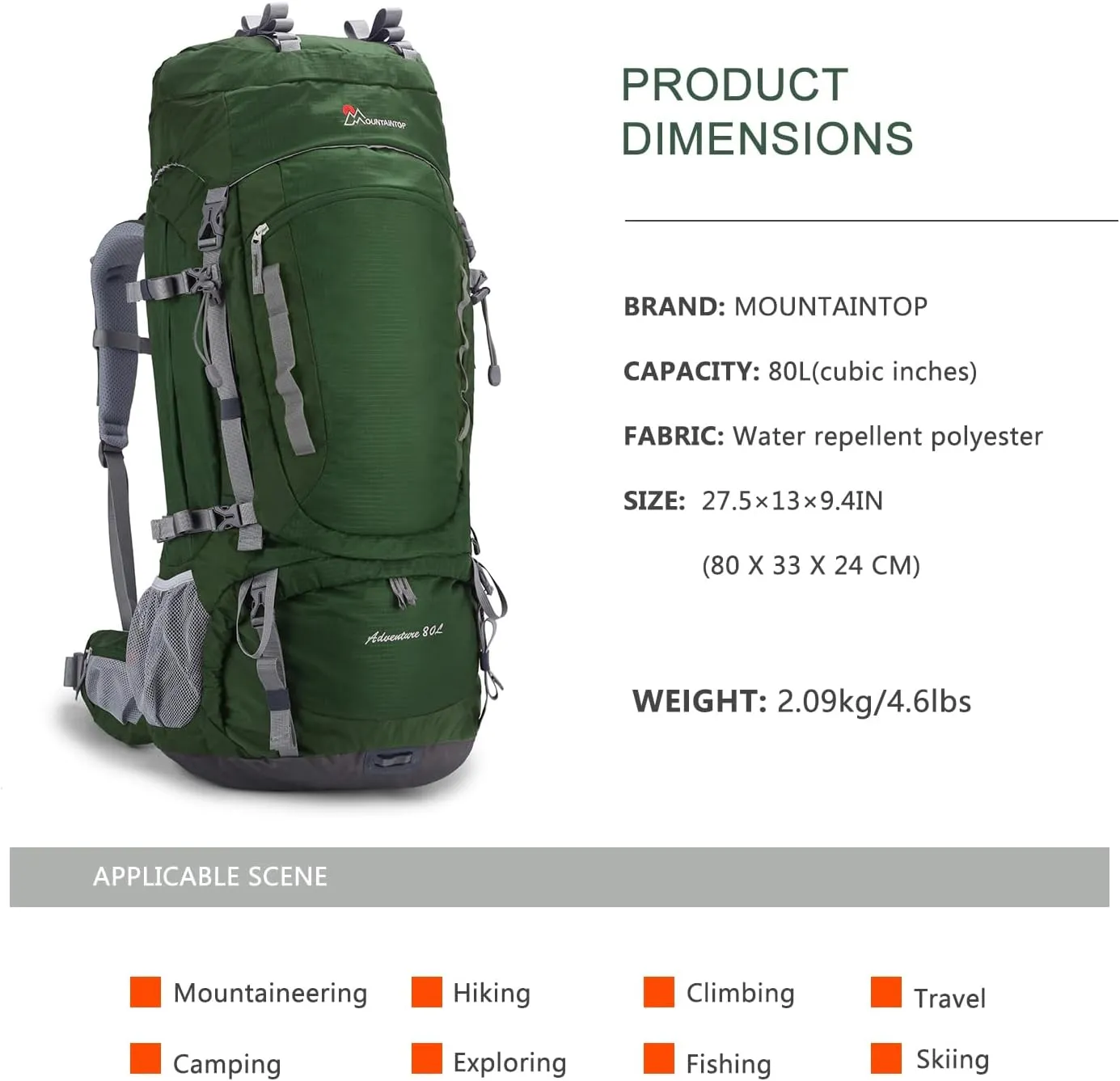 MOUNTAINTOP 80L Internal Frame Backpack for Man & Women Backpacking Hiking Backpack with Rain Cover