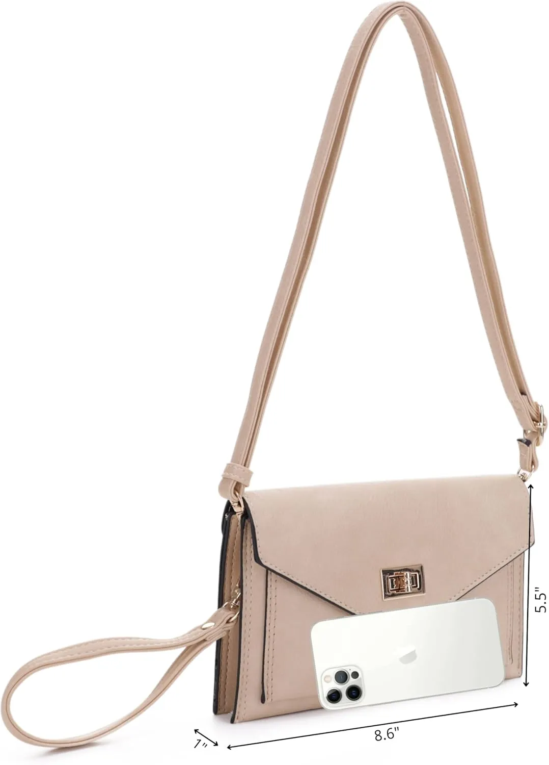 Multifunctional Women's Envelope Style Crossbody Wallet Clutch with Turn Lock and Zipper Closure